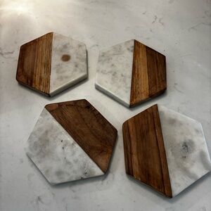 Hexagonal Marble and Wood Coasters